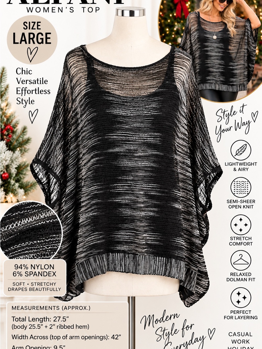 Alfani Women’s L Semi Sheer Open Knit Dolman Poncho Top Black Gray